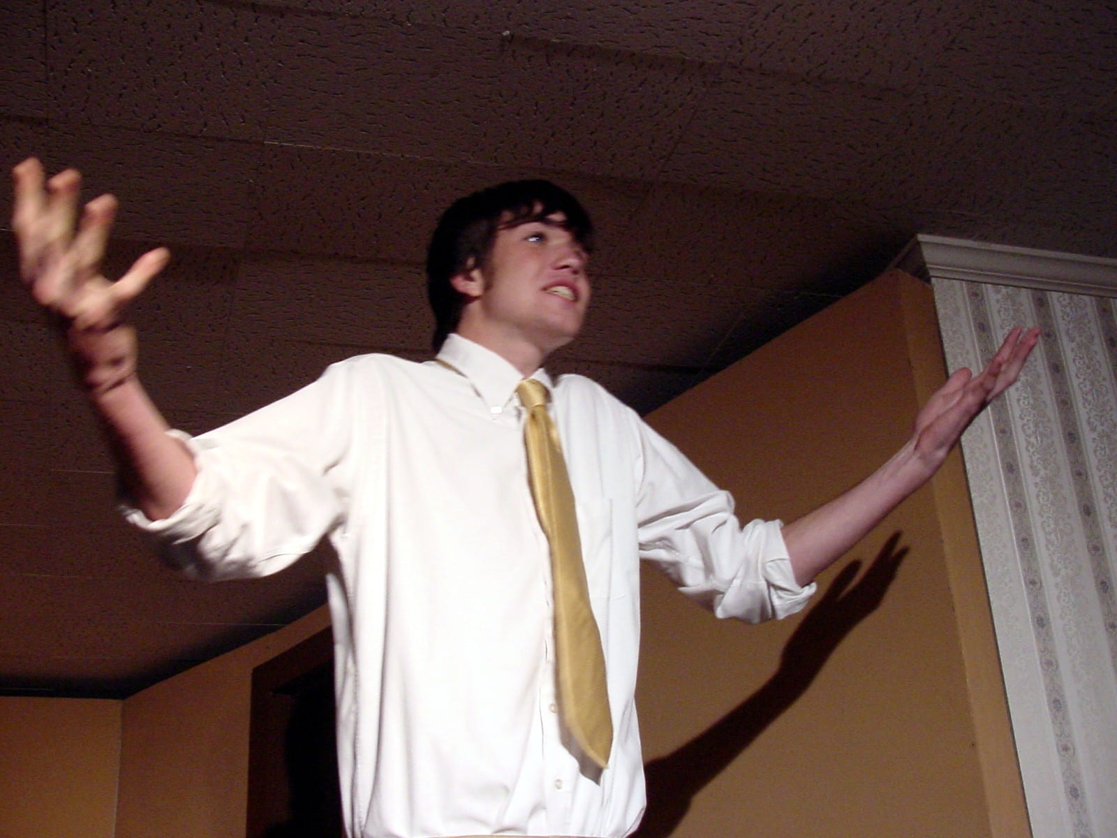 Actor with arms spread mid-scene