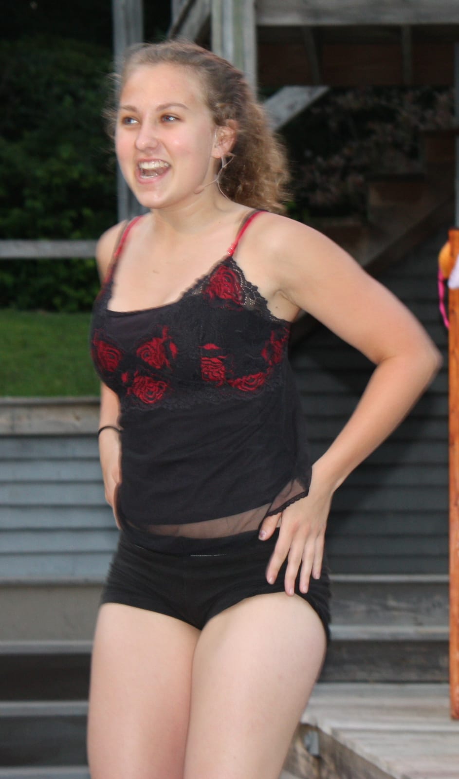 Camper in costume performing