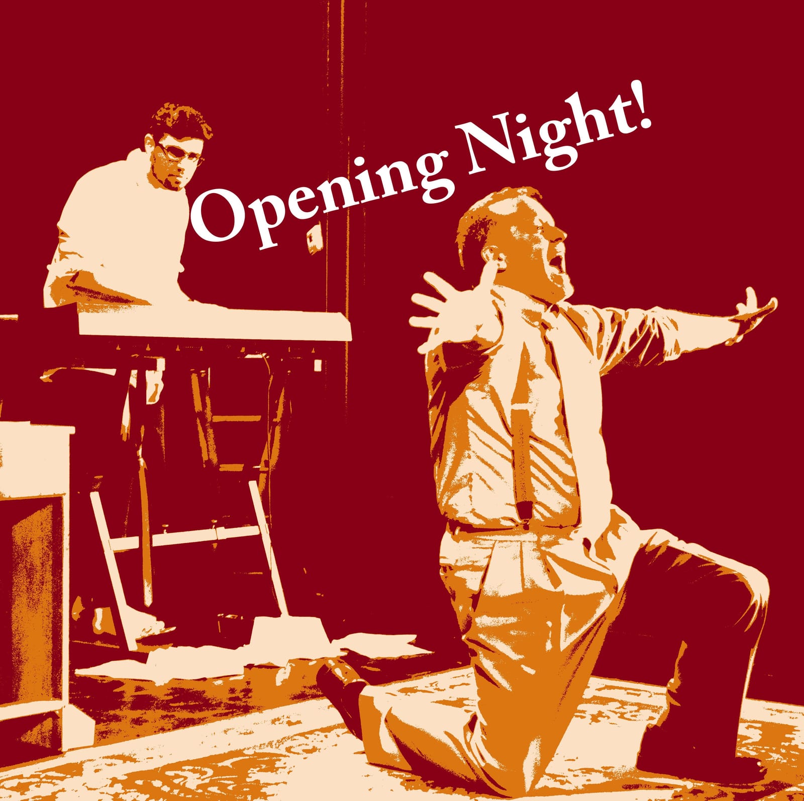 Opening Night — a performer at the piano and another on his knees, arms wide