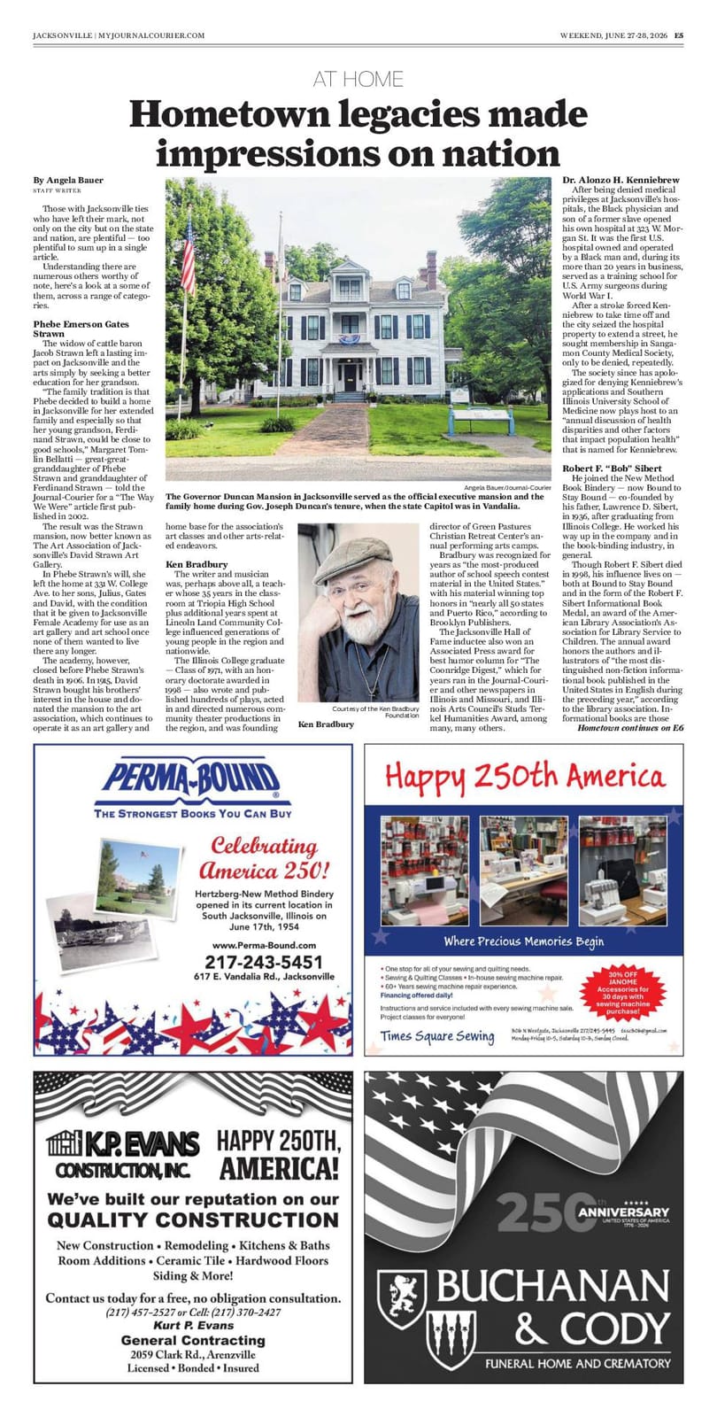 Jacksonville Journal-Courier page E5, &ldquo;Hometown legacies made impressions on nation,&rdquo; June 27–28, 2026